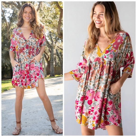 Natural Life Stella Floral Babydoll Mini Dress XS S Boho Cottagecore Pockets - Picture 4 of 13